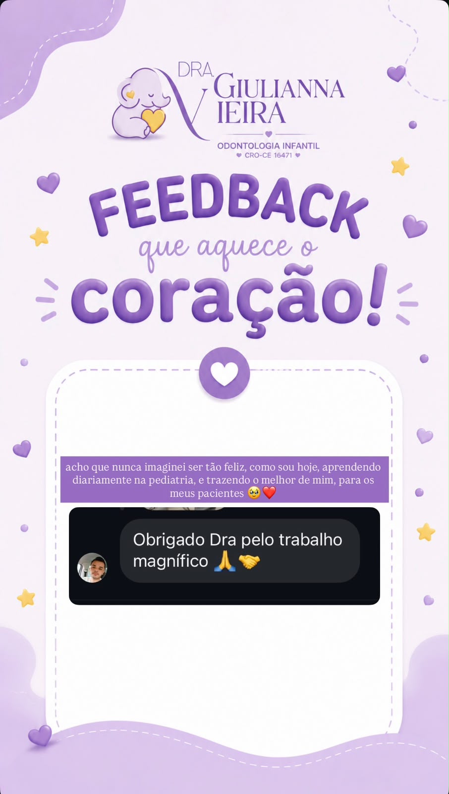 Print de feedback: mensagem de agradecimento pelo trabalho na odontopediatria